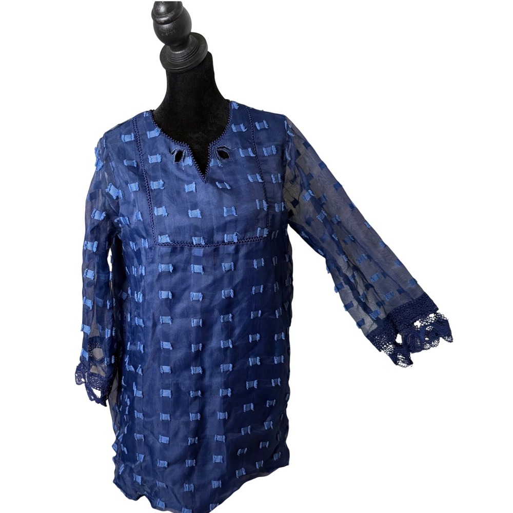 Sana Safinaz Kurti Tunic Women M Blue Sheer Lace Trim Textured Ethnic Pakistani